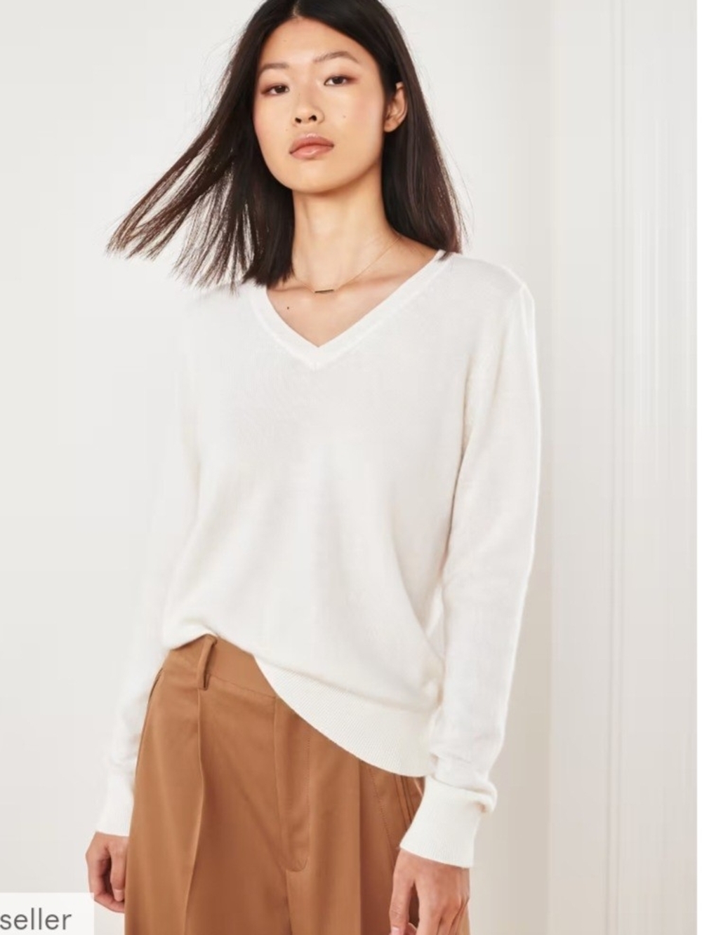 Quince Ivory Organic Cotton/Cashmere Blend V-Neck Sweater